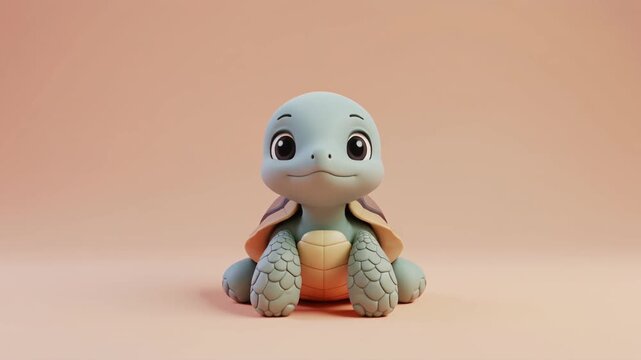 Adorable 3D baby turtle with rounded shell and slow head movement gentle blue eyes on peach background