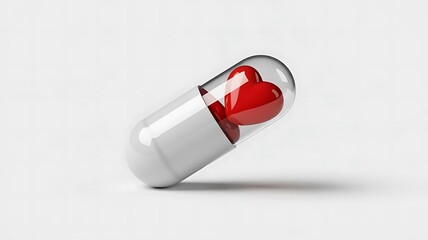 A white pill capsule with a red heart inside on a white background