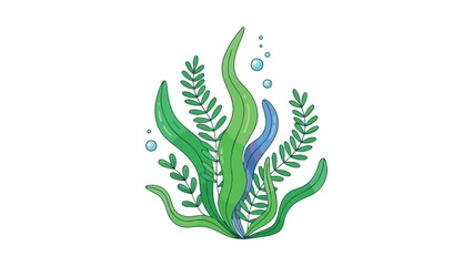 Vibrant underwater plants illustration featuring green and blue seaweed with rising bubbles. This dynamic aquatic flora artwork captures serene