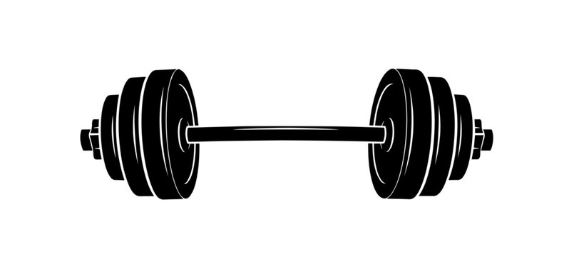 Depicted in high-contrast black and white, this stylized barbell features four graduated plates on each side of a slightly bent bar, symbolizing the intense weight and discipline of physical training