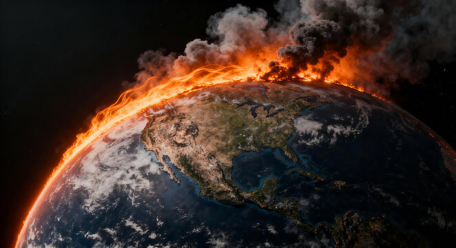 Depicts Earth engulfed in massive fire and smoke, illustrating the dire consequences of climate change and environmental degradation, symbolizing global warming catastrophe.