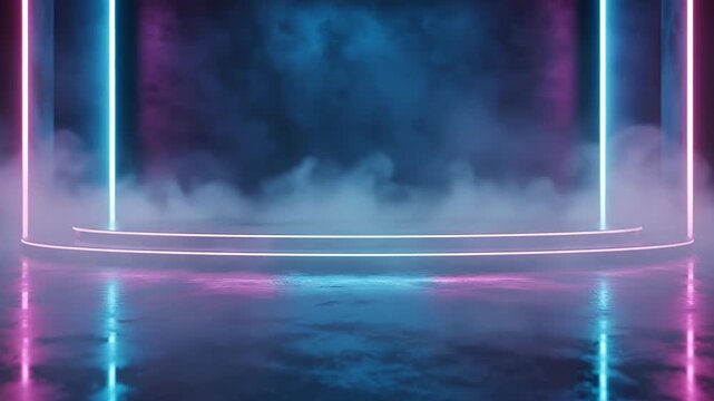 An abstract, futuristic virtual stage is dramatically illuminated by vibrant neon lights. Hues of electric blue and luminous magenta glow intensely from vertical pillars and a semi-circular platform,  - Powered by Adobe