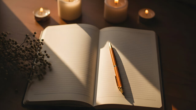 Artistic poetry concept featuring handwritten shayari on an open notebook with warm ambient light, expressing emotions of love, romance, and deep feelings