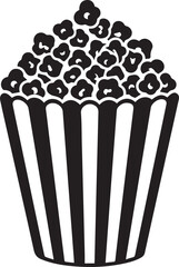 Simple black and white graphic illustration of a popcorn box filled with popcorn