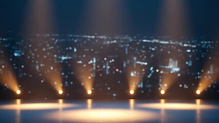 An expansive, empty stage bathed in warm, golden spotlights, ready for a grand presentation or significant event. The foreground features luminous circles of light reflecting on the sleek, dark floor,