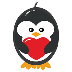 Cute penguin holding red heart symbol of love care and affection isolated on white background