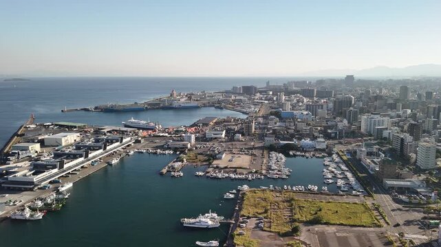Kagoshima City, Kagoshima Prefecture, Kyushu Island, Japan &ndash; 4K Footage of Seaside City, Urban Streets, Towers, Skylines, Vehicles, Ferries, Sea Port Along Japan Coastline