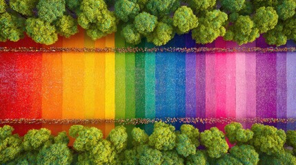 Vibrant rainbow landscape with lush green trees, celebrating diversity and inclusion during Pride month, showcasing a colorful spectrum of unity