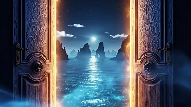 An intricately carved wooden door stands wide open, bathed in a warm, ethereal golden glow along its frame, inviting viewers into a realm of pure imagination. Beyond the threshold lies a breathtaking 