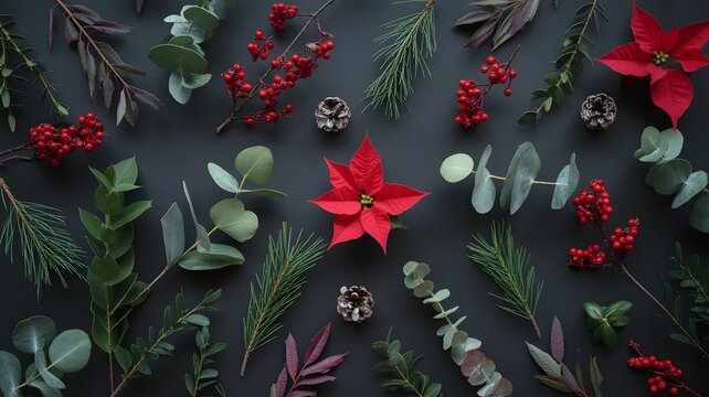 Festive holiday arrangement featuring vibrant poinsettias, red berries, and evergreen foliage on a dark background - Powered by Adobe