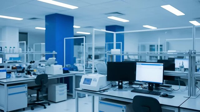 An ultra-modern, pristine laboratory is presented with an emphasis on its sleek, organized, and high-tech environment. The spacious research facility features multiple workstations equipped with advan