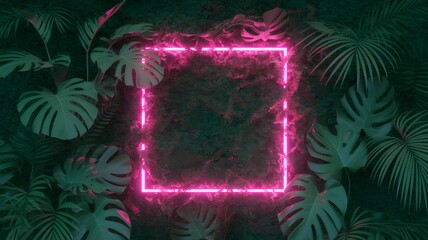 Vibrant pink neon frame illuminates a dark tropical jungle foliage creating a modern aesthetic