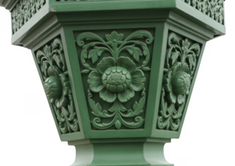 Green ornate architectural detail with floral carvings isolated on a transparent background