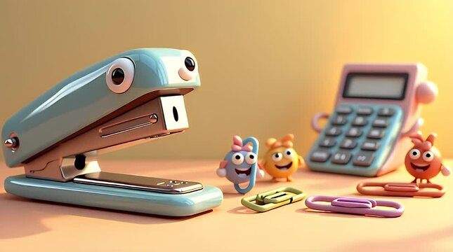Everyday office stationery behaving like humans, stapler talking to paper clips, calculator yawning, playful cartoon-style 3D illustration with soft shadows and fun expressions