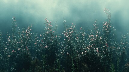 Fototapeta premium Misty garden with delicate pink flowers