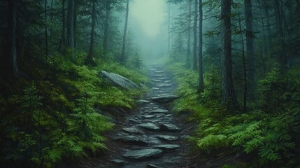 Fototapeta premium Misty mountain path through a dark forest