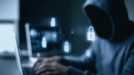 A hooded figure, shrouded in darkness, intensely engages in digital actions. A display of digital locks, symbolizing data protection and security.
