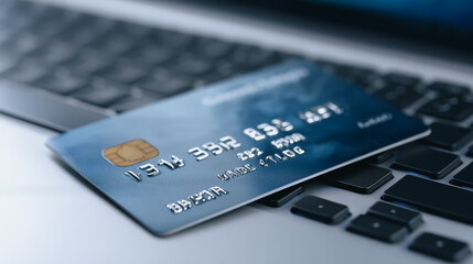 An eye-level close-up captures a sleek credit card resting upon a laptop's keyboard. This image encapsulates the essence of online financial transactions.