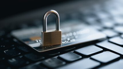 A credit card rests on a laptop keyboard, overlaid with a secure padlock. It is a visual metaphor for the protection of financial transactions.