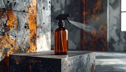 Amber bottle spraying mist against a rusty concrete background
