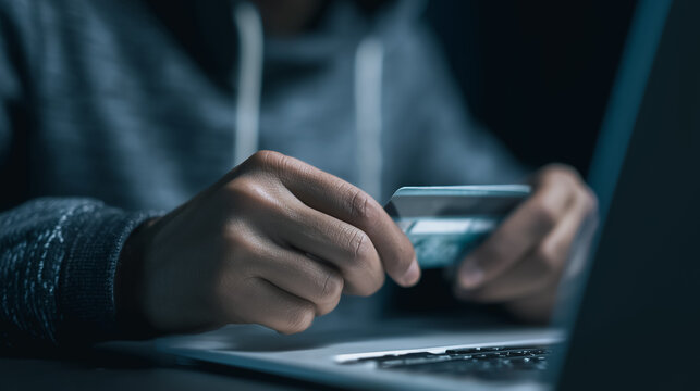 A hooded figure engages in illicit cyber activity, holding a credit card, next to an open laptop. Dark and ominous scene, highlighting the potential danger of online fraud.