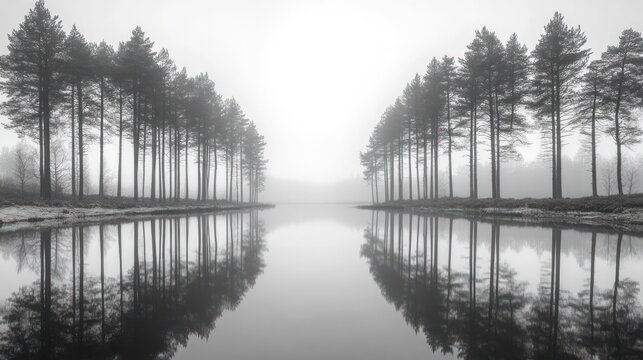 Misty, serene lake with a row of trees reflected - Powered by Adobe