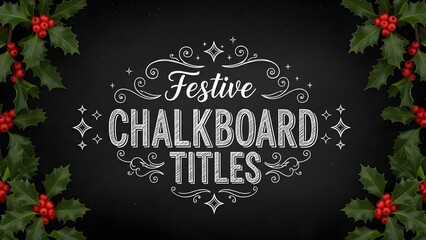 Festive chalkboard titles with holly and red berries on a black background for christmas