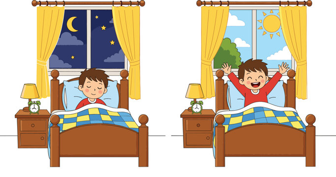 Cartoon boy sleeping in bed at night and waking up happy in the morning for daily routine, healthy sleep habits, and education.