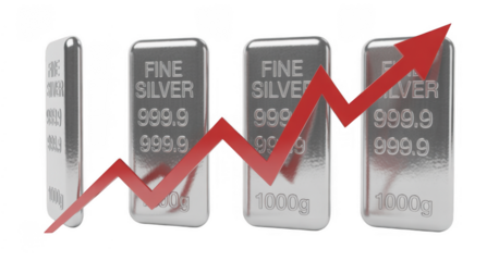 Silver Bars with Red Arrow Graph isolated on a transparent background