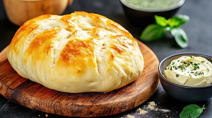 Freshly baked round bread loaf