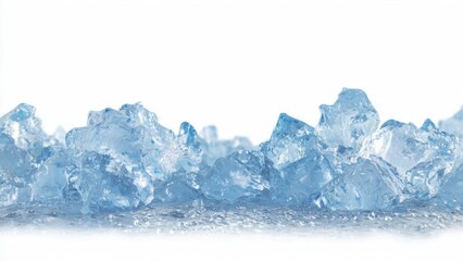 Heap of jagged blue crushed ice isolated on a pure white background with copy space. Detailed texture of frozen water chunks creating a refreshing, cold border or banner design.