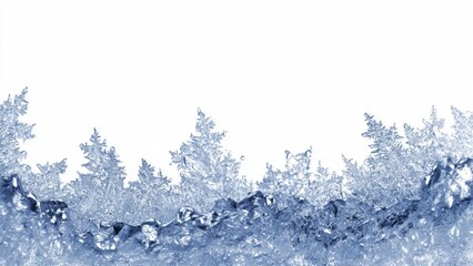 Abstract Blue Ice and Frost Border with Crystalized Forest Silhouette on White Background. Wintry Texture Design Element with Copy Space for Christmas and Cold Weather Themes.