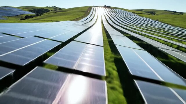 Solar panels stretching across green hills under clear blue sky viewed from above