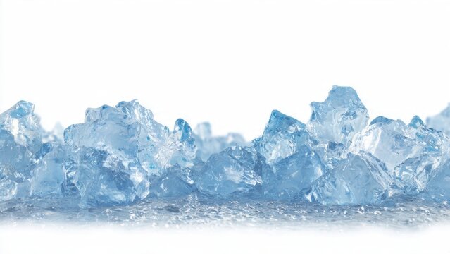 Heap of jagged blue crushed ice isolated on a pure white background with copy space. Detailed texture of frozen water chunks creating a refreshing, cold border or banner design.
