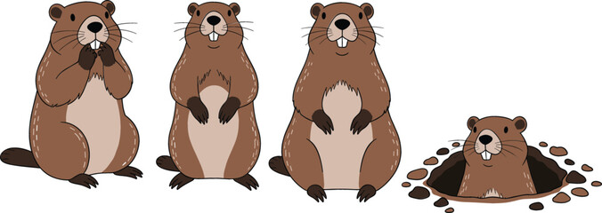 Cute groundhog character set with marmot standing in different poses and peeking out of a hole for Groundhog Day spring celebration.