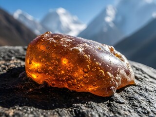 mountain landscape in, Dark brown Shilajit resin oozes from cracks in rugged Himalayan rock surface. Golden undertones glisten on the earthy mineral deposit. Majestic snowy mountains rise in backgroun