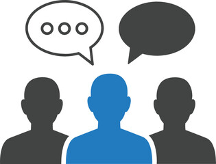 Blue leader silhouette standing with team group and speech bubbles for business communication, social media networking, and collaborative discussion concept
