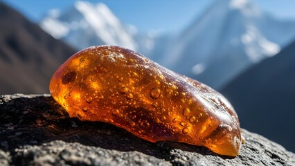 mountain landscape in, Dark brown Shilajit resin oozes from cracks in rugged Himalayan rock surface. Golden undertones glisten on the earthy mineral deposit. Majestic snowy mountains rise in backgroun