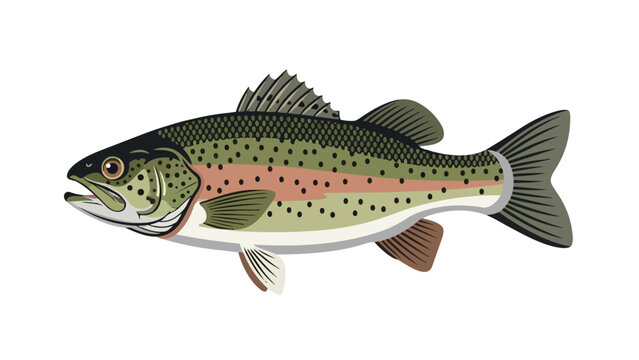Vibrant illustration of a speckled rainbow trout with a distinct pink stripe swimming in clear waters