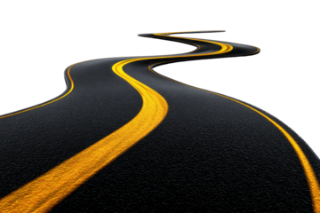 Winding Road of Promise: A smooth asphalt road meanders gracefully, marked with vibrant yellow lines, symbolizing journeys, progress, and the open road.