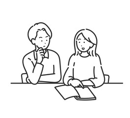 家計について話し合う30代夫婦のイラスト　線画のみ