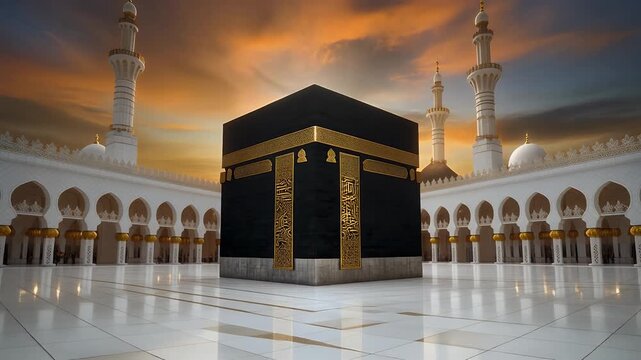 Kaaba in Mecca Saudi Arabia at Sunset with White Mosque Architecture