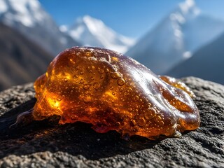 mountain landscape in, Dark brown Shilajit resin oozes from cracks in rugged Himalayan rock surface. Golden undertones glisten on the earthy mineral deposit. Majestic snowy mountains rise in backgroun