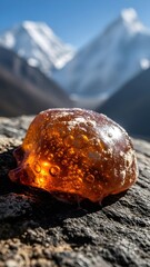 mountain landscape in, Dark brown Shilajit resin oozes from cracks in rugged Himalayan rock surface. Golden undertones glisten on the earthy mineral deposit. Majestic snowy mountains rise in backgroun