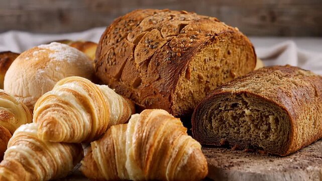 Assorted breads and pastries on wooden surface