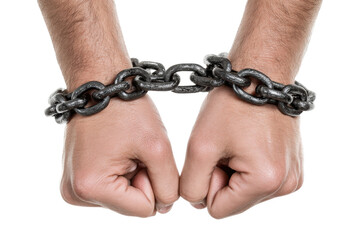 Entrapped: This stark image portrays a pair of hands bound by heavy iron chains, symbolizing themes of captivity, restriction, and confinement.