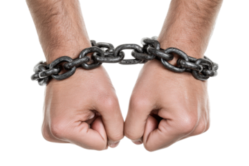 Entrapped: This stark image portrays a pair of hands bound by heavy iron chains, symbolizing themes of captivity, restriction, and confinement.
