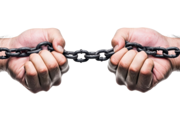Holding the Chain: Two hands grasp a sturdy chain, symbolizing strength and resilience against the backdrop of opposition.