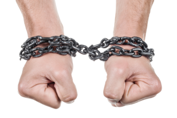 Chained Hands: A close-up shot of two fists clasped with a heavy, metallic chain, evoking feelings of constraint and confinement.
