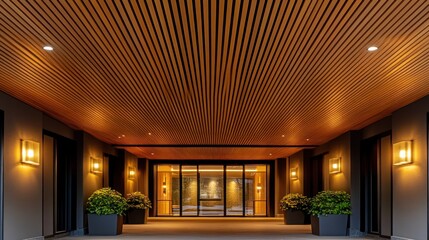 Modern entryway with wood ceiling and glass doors